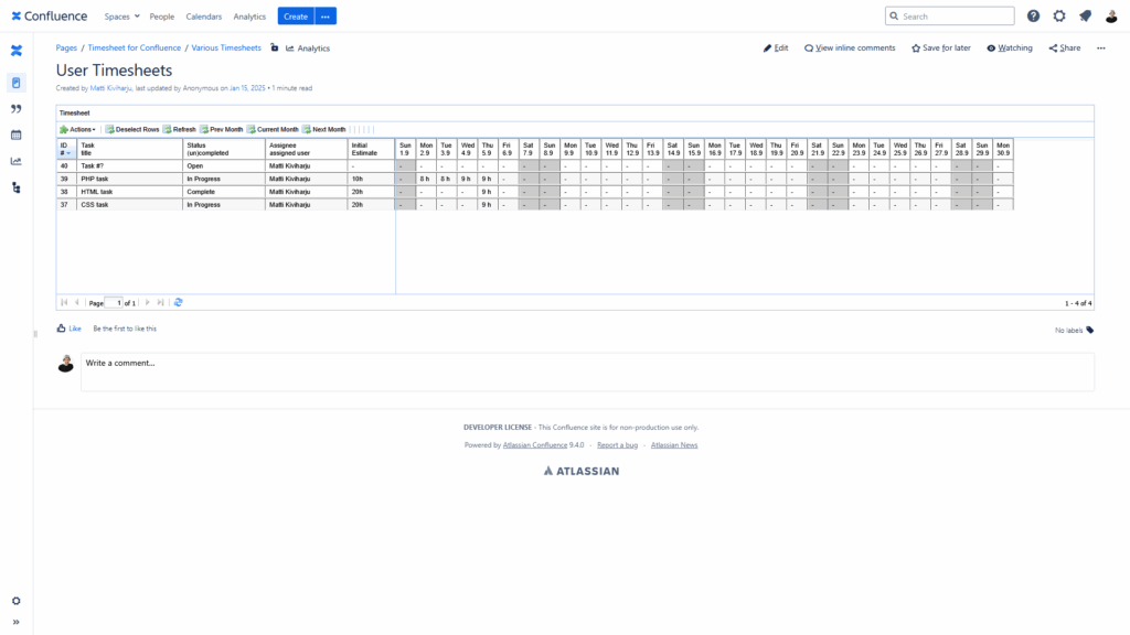 One User Timesheet inside Wiki-page