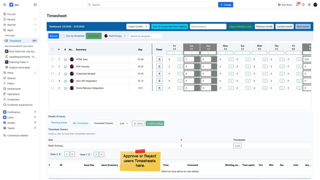 Jira timesheet interface displaying user time entries.