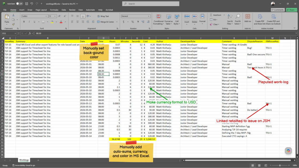 Excel spreadsheet for time tracking and related features.