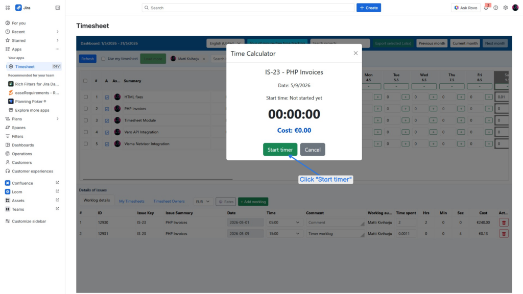 Time calculator displaying time tracking details and timer settings.