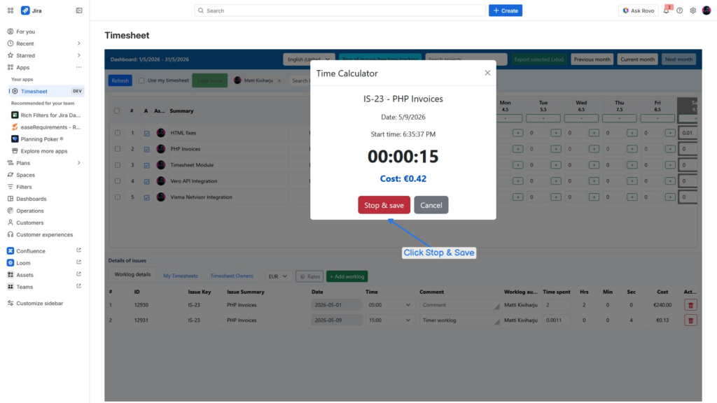 Timesheet calculator displaying time costs and tasks.