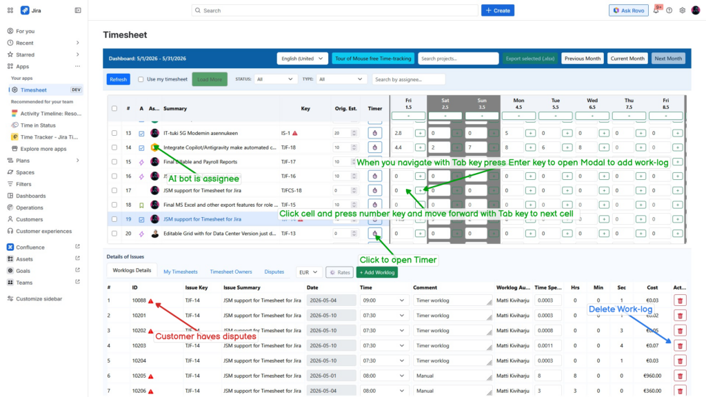 Timesheet view displaying work logs and instructions.