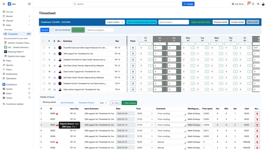 Jira timesheet displaying time tracking and tasks.