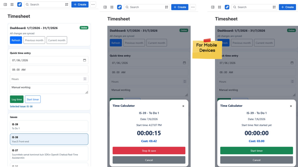 Timesheet interface showing time entry and calculator.