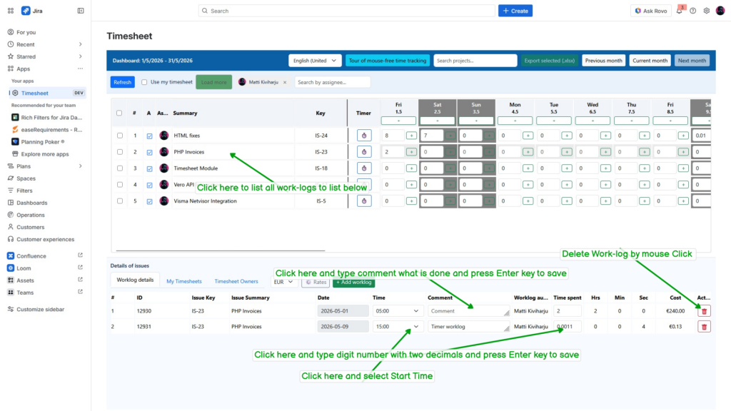 Jira timesheet management interface with work logs