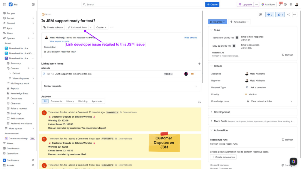 Jira interface displaying a JSM support request.