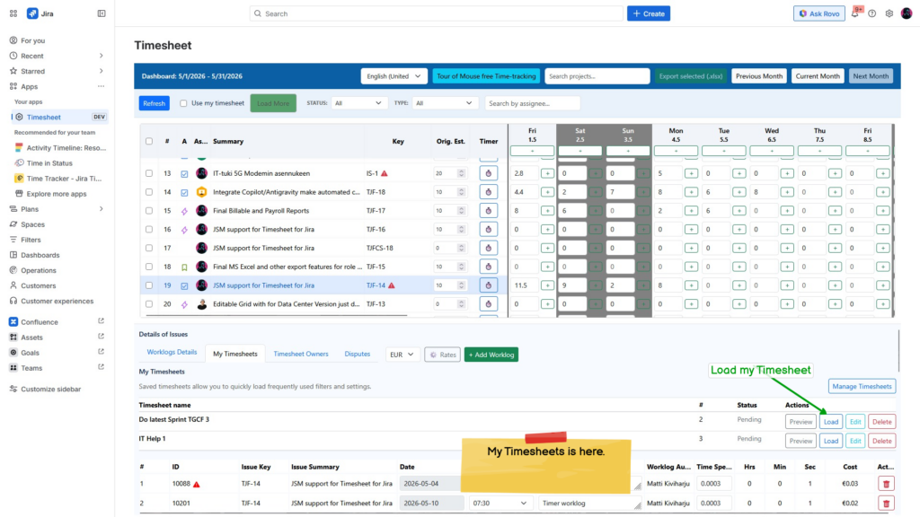 Jira timesheet interface displaying time entries and tasks.