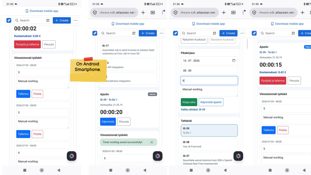 Screenshot of time logging process on an Android smartphone.