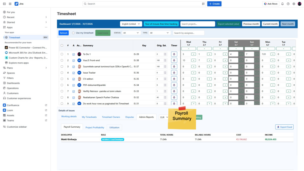 Jira timesheet interface displaying work hours and projects.