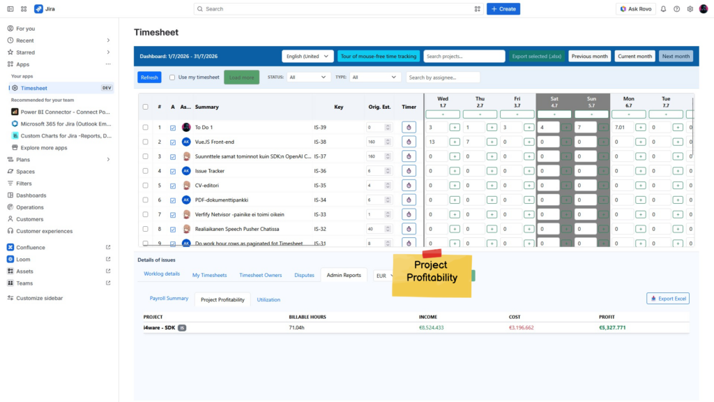 Jira timesheet view displaying projects and hours worked.