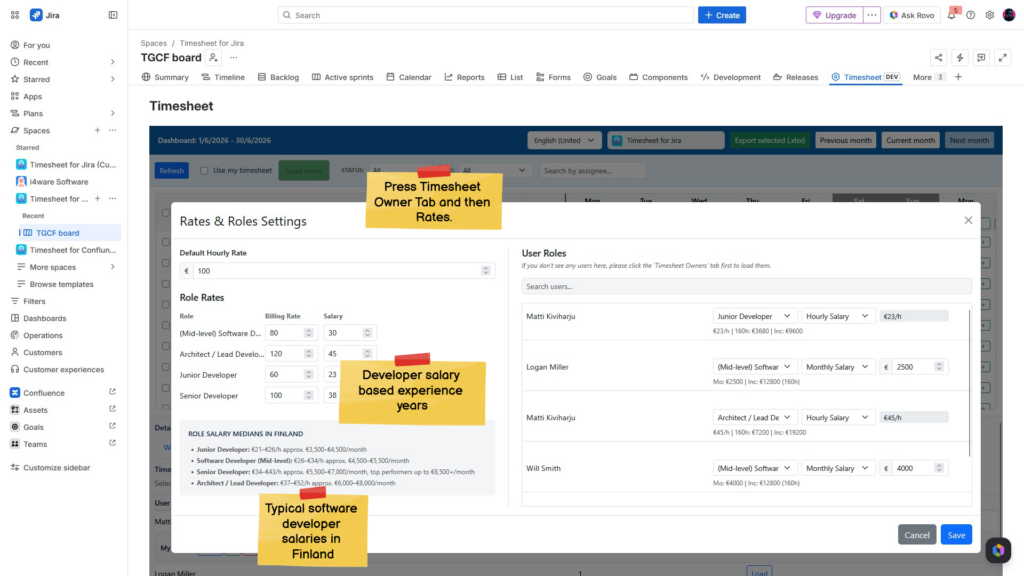 Timesheet settings and user roles on the Jira platform.