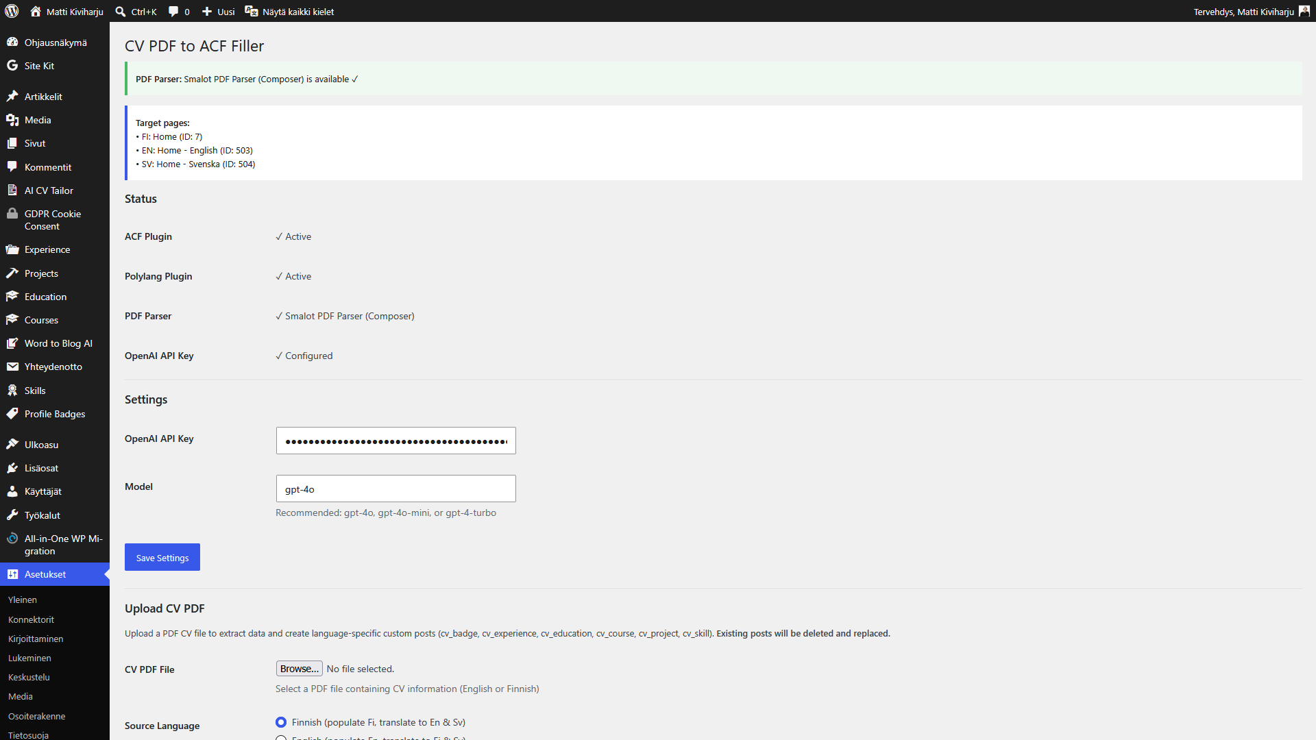 OpenAI PDF CV إلى قاعدة بيانات ACF