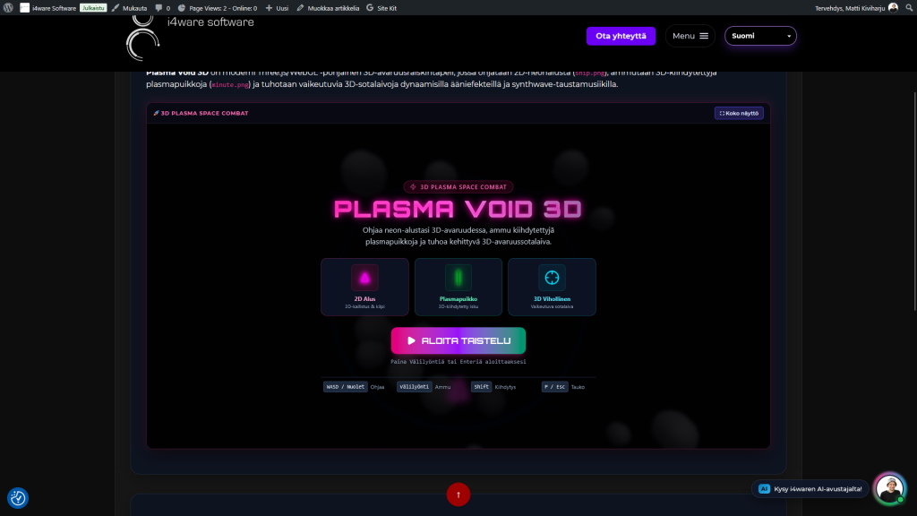 Plasma Void 3D -pelin esittelysivu