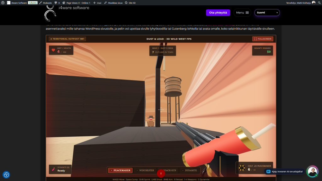 Peli-ikkuna 3D Wild West FPS -pelistä, jossa näkyy aseita ja ympäristö.
